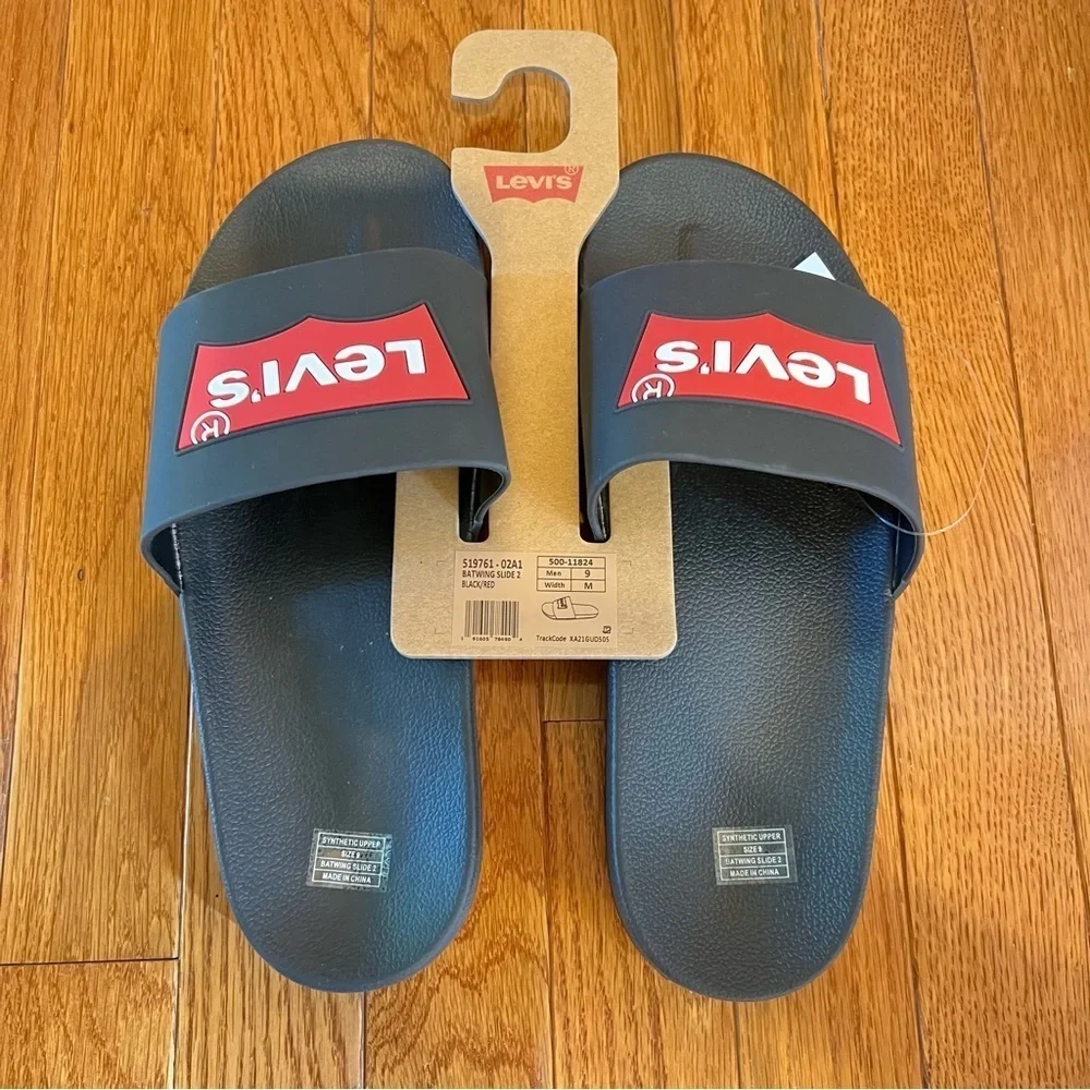 LEVIS Mens Batwing Slide 2 Black & Red Synthetic Upper Slippers Logo Size: 11,12